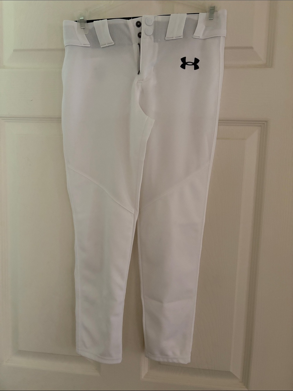 Youth Small Under Armour White Baseball Pants with Black UA Logo Embroidery